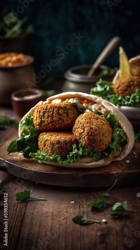 Falafel in pita bread on wooden background. AI generated