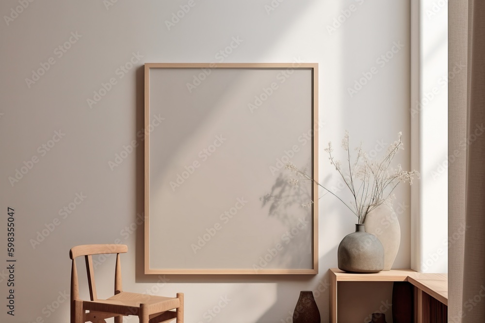 Obraz premium Warm neutral wabi sabi style minimalist interior mockup with poster frame with wooden dining table, chair, jute decoration, ceramic jug, plant, sunlight and shadow, against empty wall. 3d rendering