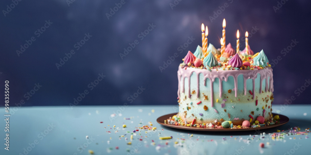 Colorful Birthday Cake with Sprinkles on Pastel Blue Background Stock ...