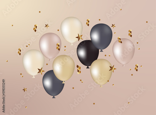 Festive composition with helium balloons color champagne with black, gold confetti and stars, panette. Illustration for the design of holidays, anniversaries, weddings, events. Vector