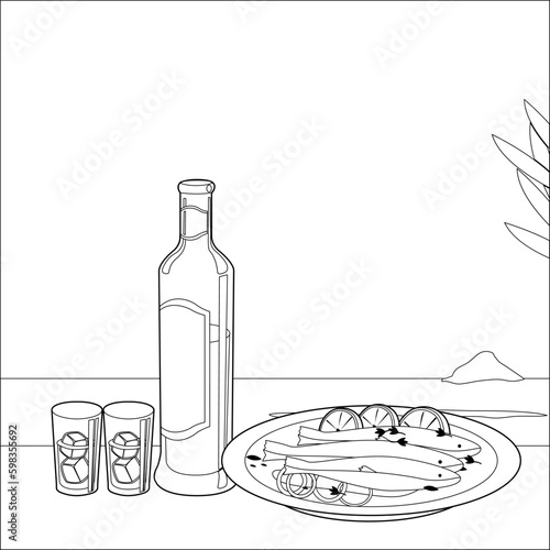 A bottle of ouzo and a dish with cooked fish in a table next to the sea. Vector black and white coloring page