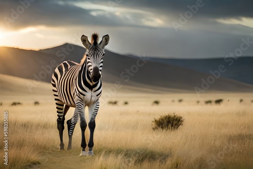 A stunning portrait of a zebra  showcasing its unique black and white striped coat in the scenic Serengeti National Park.Generated by AI