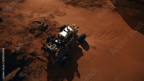 Mars rover exploring red desert crater. Futuristic Mars vehicle. Ai generated art.