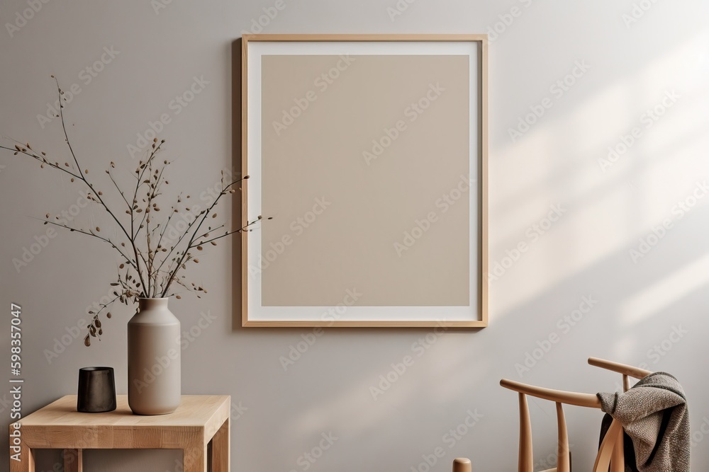 Warm neutral wabi sabi style minimalist interior mockup with poster frame with wooden dining table, chair, jute decoration, ceramic jug, plant, sunlight and shadow, against empty wall. 3d rendering Warm neutral wabi sabi style minimalist interior mockup with poster frame with wooden dining table, chair, jute decoration, ceramic jug, plant, sunlight and shadow, against empty wall. 3d rendering