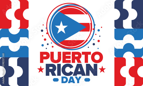 Puerto Rican Day. National happy holiday. Festival and parade in honor of independence and freedom. Puerto Rico flag. Latin american country. Patriotic elements. Vector poster illustration