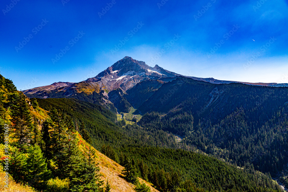 Mt. Hood, Oregon, USA - Ocotber 19, 2022:  Vistas of Mt Hood and surrounding forests.