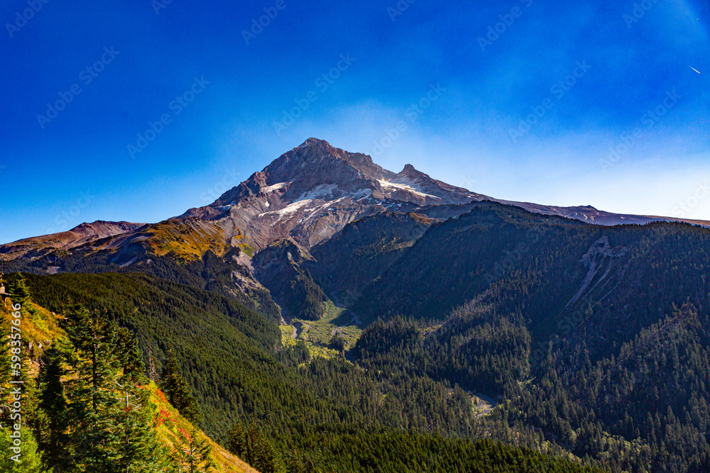 Mt. Hood, Oregon, USA - Ocotber 19, 2022:  Vistas of Mt Hood and surrounding forests.
