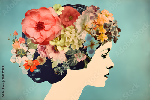 Collage with woman head and flowers on a blue background, vintage collage. Generative AI. © JulMay