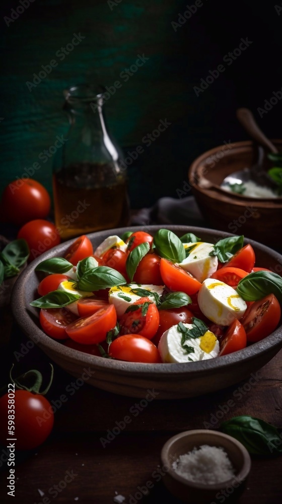 Italian caprese salad with sliced tomatoes, mozzarella cheese, basil, olive oil. Served in vintage plate on dark  background. Top view with space. AI generated