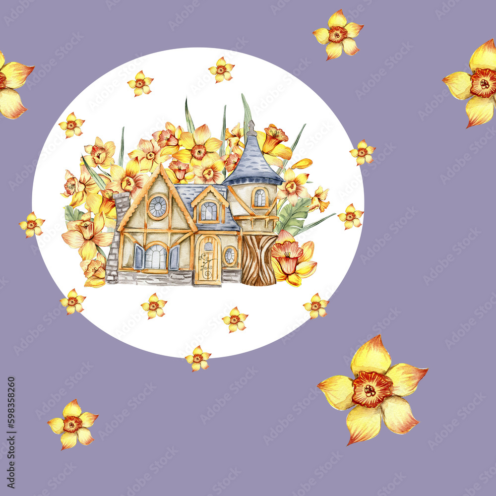 Watercolor hand drawn seamless pattern of yellow narcissus in cartoon style. Kids style background illustration with of a beautiful summer or spring flowers. Applicable for textiles, wallpapers,decor.