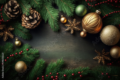 Christmas background with fir tree and decor. 
