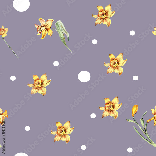 Watercolor hand drawn seamless pattern of yellow narcissus in cartoon style. Kids style background illustration with of a beautiful summer or spring flowers. Applicable for textiles, wallpapers,decor. © Leila