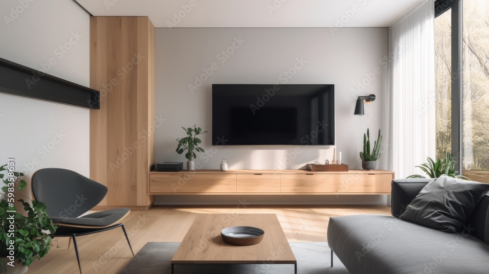 Wall-mounted television in a minimalist media room. AI generated Wall-mounted television in a minimalist media room. AI generated