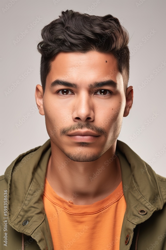 Obraz premium Young Latino man head shot portrait over white background. Generative AI vertical shot