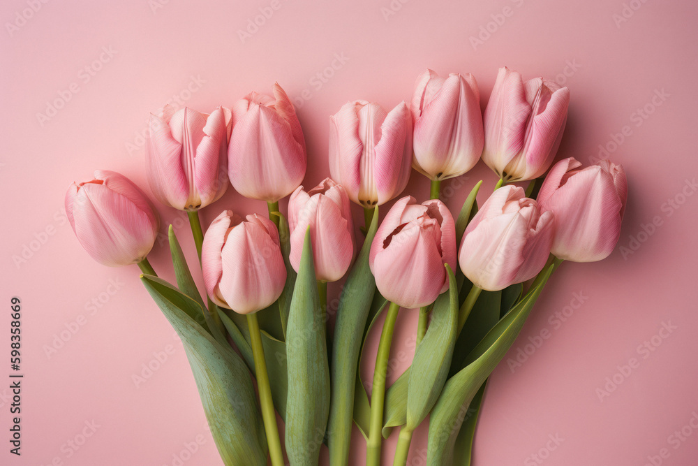 Delicate pink tulips arranged in a flat lay against a soft pink background