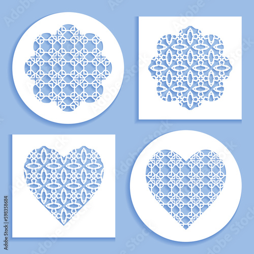 Templates for laser cutting, plotter cutting, printing. Heart and flower shape line pattern. Geometric design cut out of paper. Mandala die cut ornament. Fretwork panels, cutout silhouette stencils