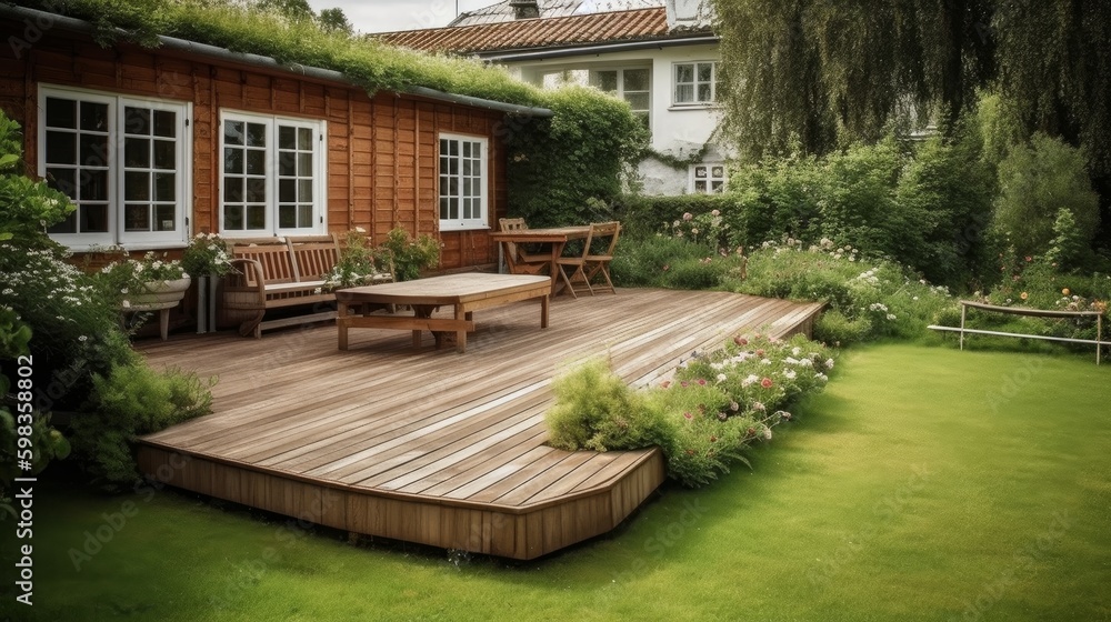 Wooden terrace built around a small, neat lawn. AI generated