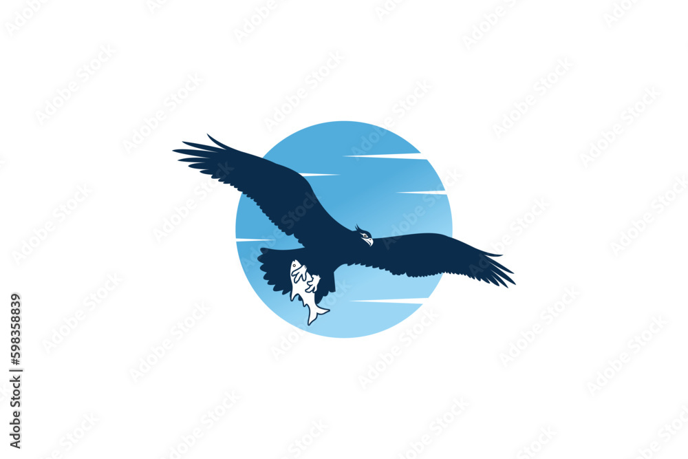 Fototapeta premium Vector logo design of an oyster eagle or bald eagle flying clutching a fish