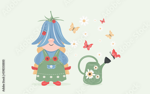 Cute garden gnome. A bell girl with a watering can. Gardener. A joyful, kind, fairy-tale dwarf elf. Cartoon vector illustration