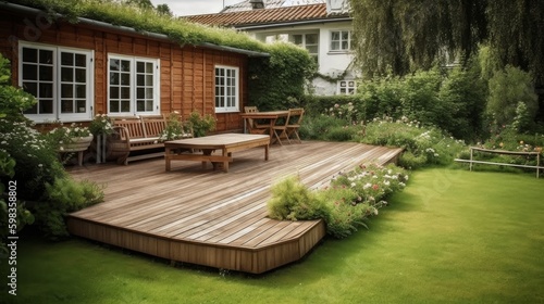 Wooden terrace built around a small, neat lawn. AI generated © ArtStage