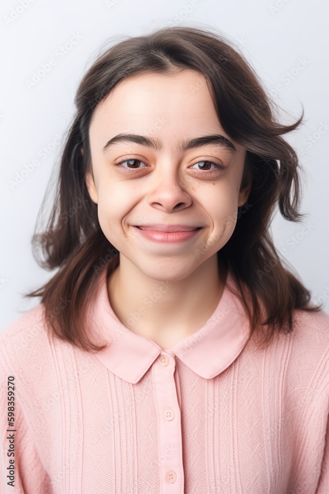 Head shot portrait of young woman with dwarfism over white background. Generative AI vertical shot Head shot portrait of young woman with dwarfism over white background. Generative AI vertical shot