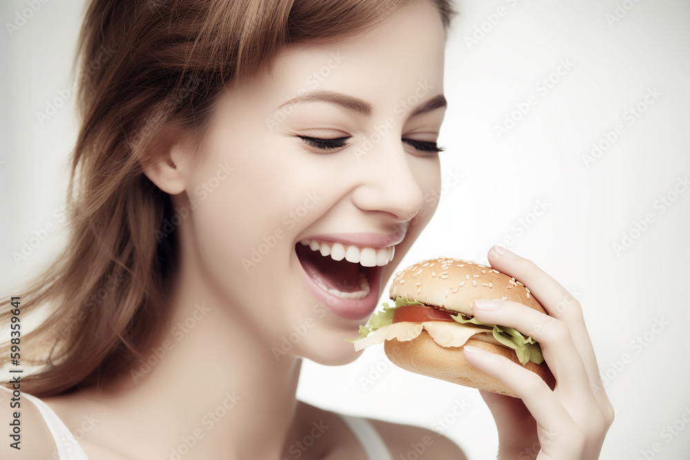 Pretty young caucasian woman biting hamburger, closeup, copy space. Generative AI Pretty young caucasian woman biting hamburger, closeup, copy space. Generative AI