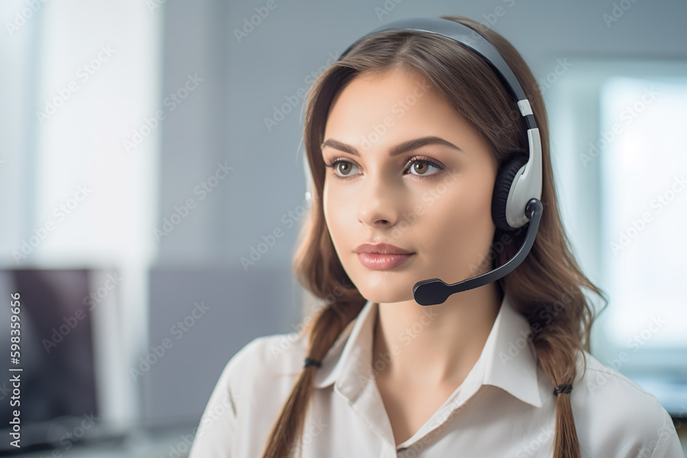 Beautiful young brunette girl working as a call-center operator, copyspace, high key. Generative AI Beautiful young brunette girl working as a call-center operator, copyspace, high key. Generative AI