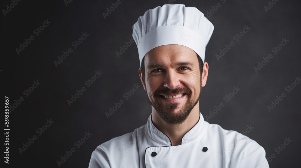 Young smiling chef on the grey background, banner, copy space. Generative AI Young smiling chef on the grey background, banner, copy space. Generative AI