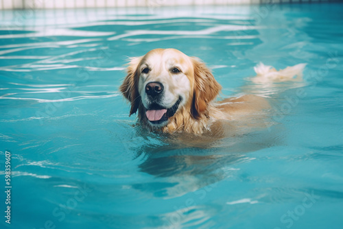 Golden retriever swimming in a swimming-pool. Generative AI