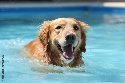 Happy golden retriever swimming in a swimming-pool. Generative AI