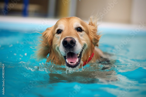 Golden retriever relaxing in a swimming-pool. Generative AI