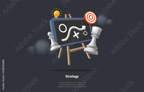 Business Strategy, Marketing Solution, Strategic Vision, First Steps To Start New Business. Chess and Chessboard On Board With Target And Light Bulb Icon. 3D Rendering Realistic Vector Illustration