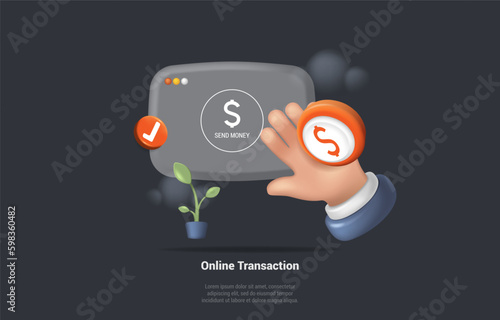 Payment Approved, Online Transaction By Card Payment, 3d Pay With Mobile Phone, Banking Online Payments Concept. Hand Pushing Pay Button Button on The Screen. 3d Render Realistic Vector Illustration