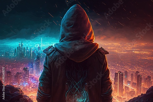 Fototapet A person in a hoodie standing on a hilltop and looking down at a futuristic cybe