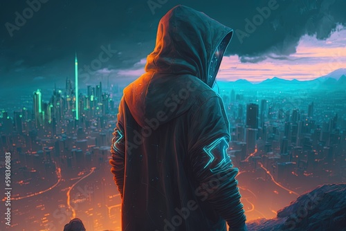 Tablou canvas A person in a hoodie standing on a hilltop and looking down at a futuristic cybe