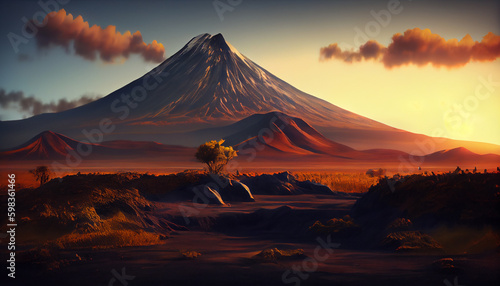 Prehistoric landscape with volcano at sunset