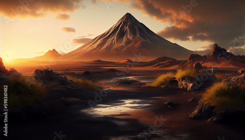 Foto Prehistoric landscape with volcano at sunset