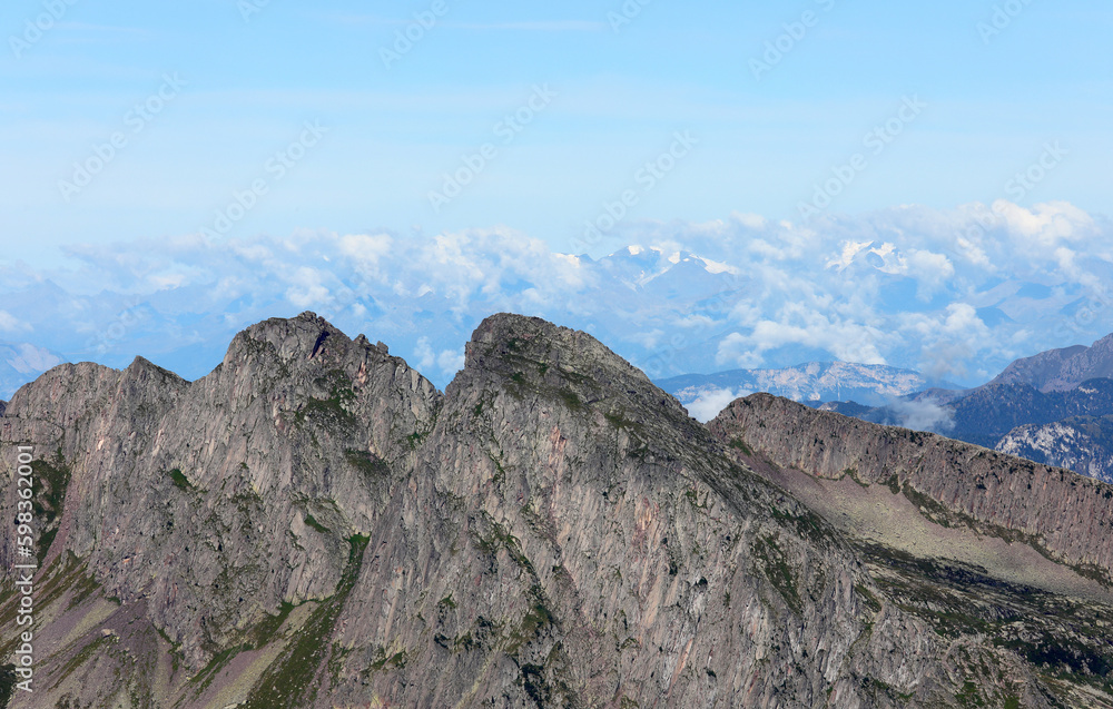aerial view of European Italian Alps in summer with clouds aerial view of European Italian Alps in summer with clouds