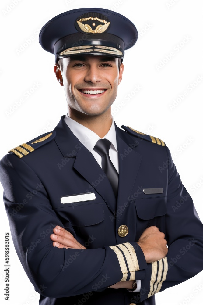 Handsome and positive male pilot at work. smiling, generative AI Handsome and positive male pilot at work. smiling, generative AI