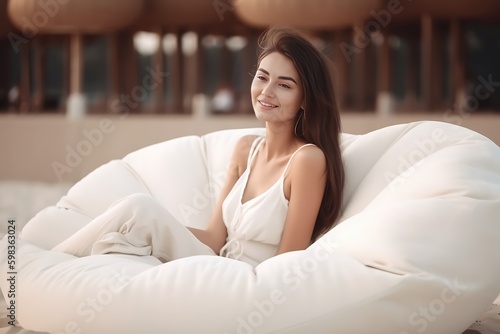 Happy woman lying down relaxing enjoying on sofa at the beach, lifestyle, generative AI © Nattawat