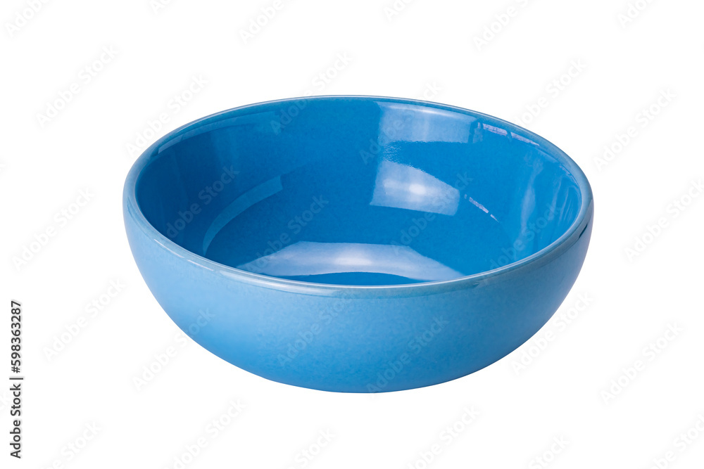 Empty blue ceramic bowl isolated on white background with clipping path. High angle view of deep round blue bowl isolated. Empty blue ceramic bowl isolated on white background with clipping path. High angle view of deep round blue bowl isolated.