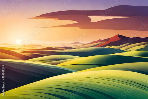 Abstract landscap. Colorful sky  field  grass  green hills  horizon.