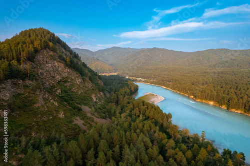 Altai mountains summer Russia, aerial top view. Blue water Katun river