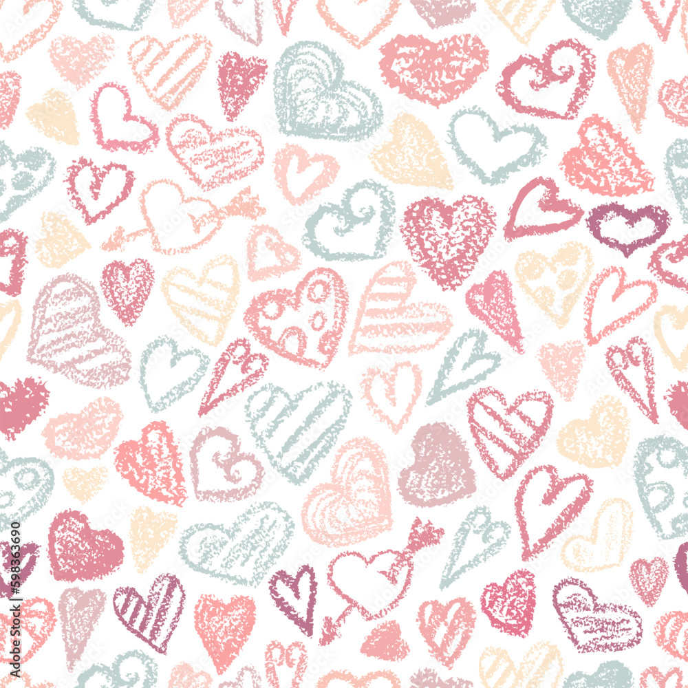 Chalk heart. Crayon hearts pattern. Valentines day hearts on black background. Children drawing love symbol, doodle art heart. Chalk texture, seamless valentine's day print. Chalk heart. Crayon hearts pattern. Valentines day hearts on black background. Children drawing love symbol, doodle art heart. Chalk texture, seamless valentine's day print.
