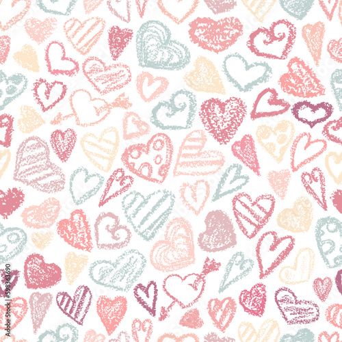 Chalk heart. Crayon hearts pattern. Valentines day hearts on black background. Children drawing love symbol, doodle art heart. Chalk texture, seamless valentine's day print. 