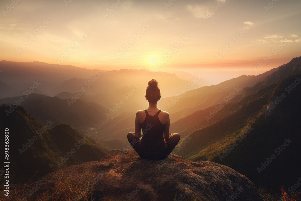 Woman Meditating in Lotus Pose with Scenic Mountain View Woman Meditating in Lotus Pose with Scenic Mountain View