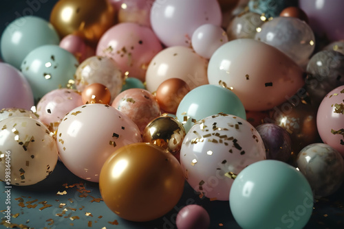 Balloons background with balloons  confetti  sparkles  lights. Anniversary. Banner for birthday  party  Christmas  New Year  promotion social media cover. Generative Ai