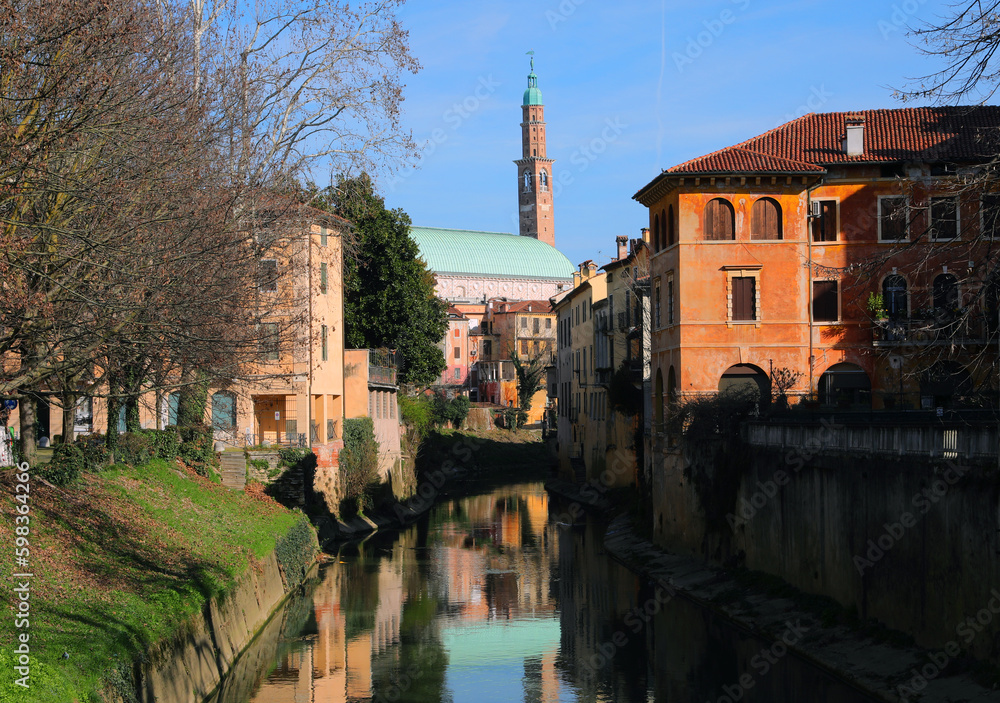 Vicenza in Italy and the reflection on the RETRONE river water of the Basilica Palladiana without people