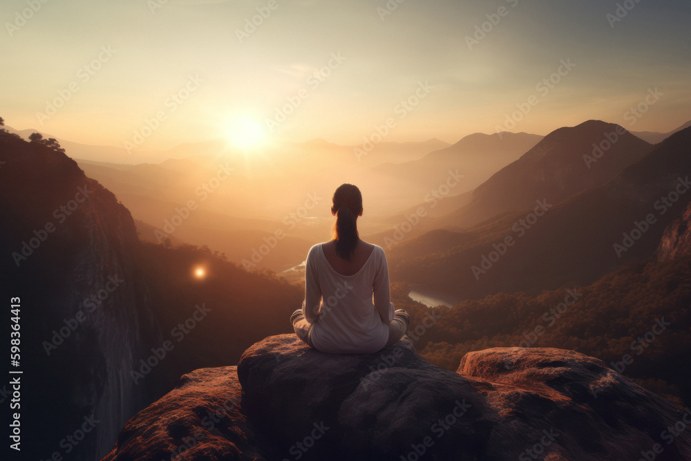Woman Meditating in Lotus Pose with Scenic Mountain View