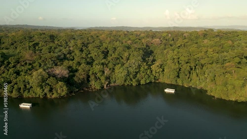 Tourist Boat on Gatun Lake in Jungles of Panama, Aerial View, Drone,  photo